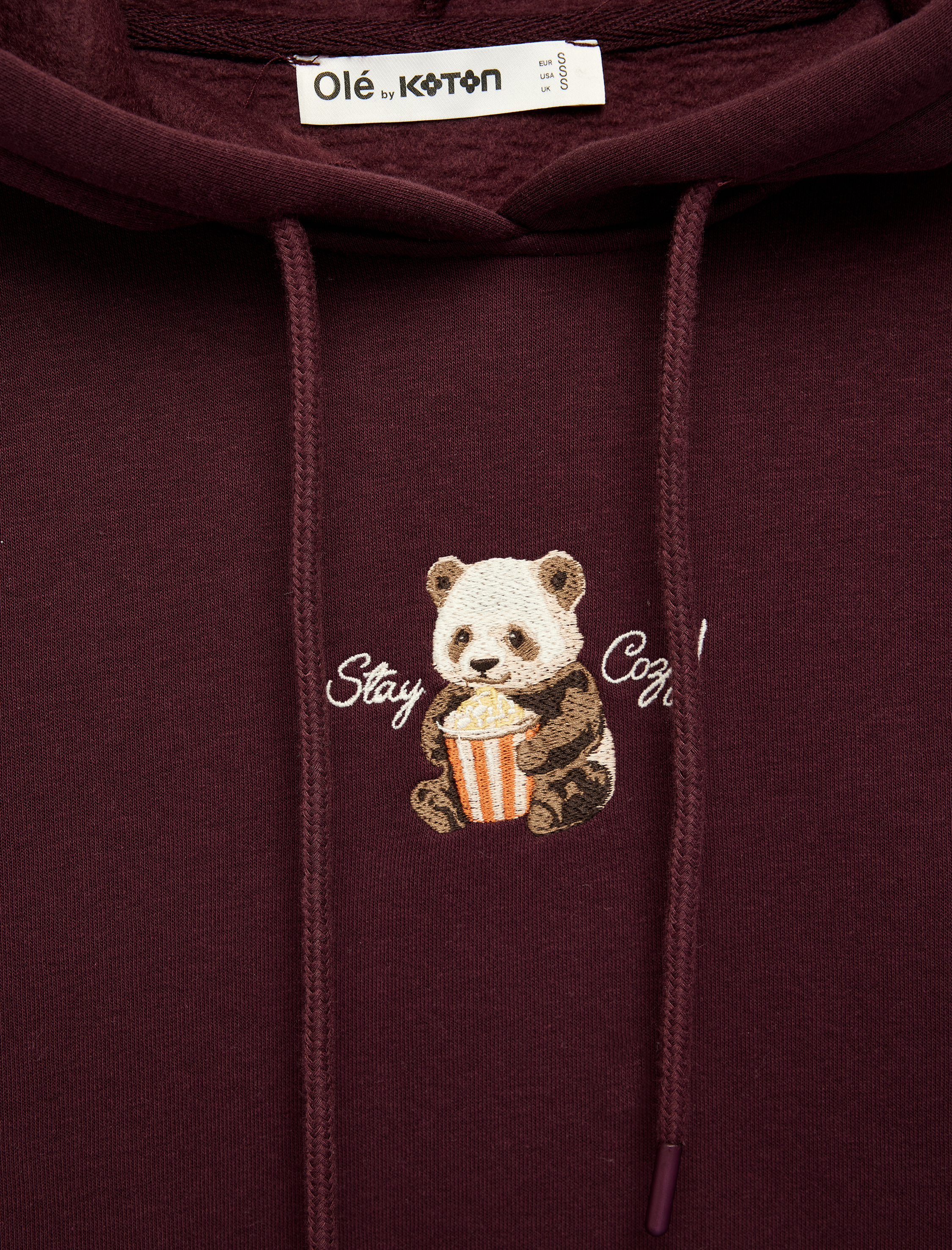   Mürdüm Rengi Kapüşonlu Sweatshirt Üç İplik Şardonlu Ayıcık Nakışlı Kanguru Cepli