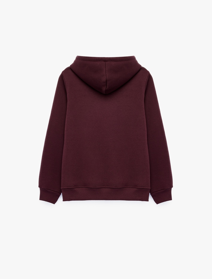  Mürdüm Rengi Kapüşonlu Sweatshirt Üç İplik Şardonlu Ayıcık Nakışlı Kanguru Cepli