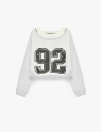 Şardonlu Rahat Kalıp Bisiklet Yaka Uzun Kollu Katmanlı Baskılı Sweatshirt