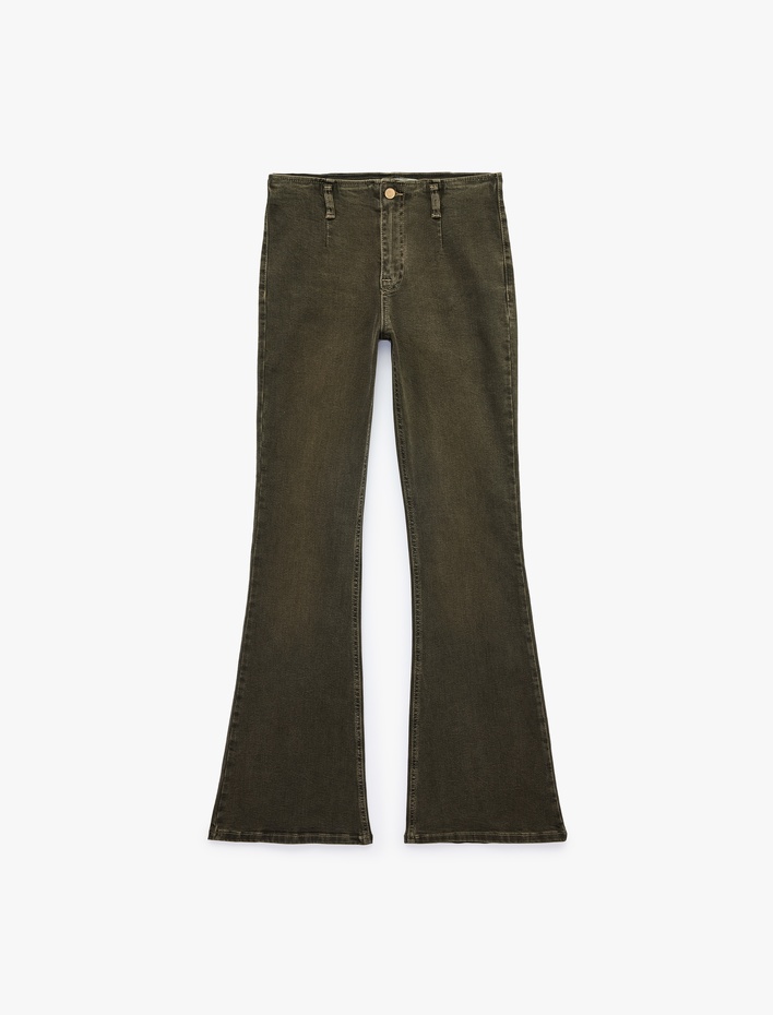  Normal Bel Düğmeli Dar Kesim Pamuklu İspanyol Paça Denim Pantolon - Flare Jeans