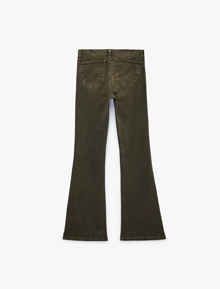  Normal Bel Düğmeli Dar Kesim Pamuklu İspanyol Paça Denim Pantolon - Flare Jeans