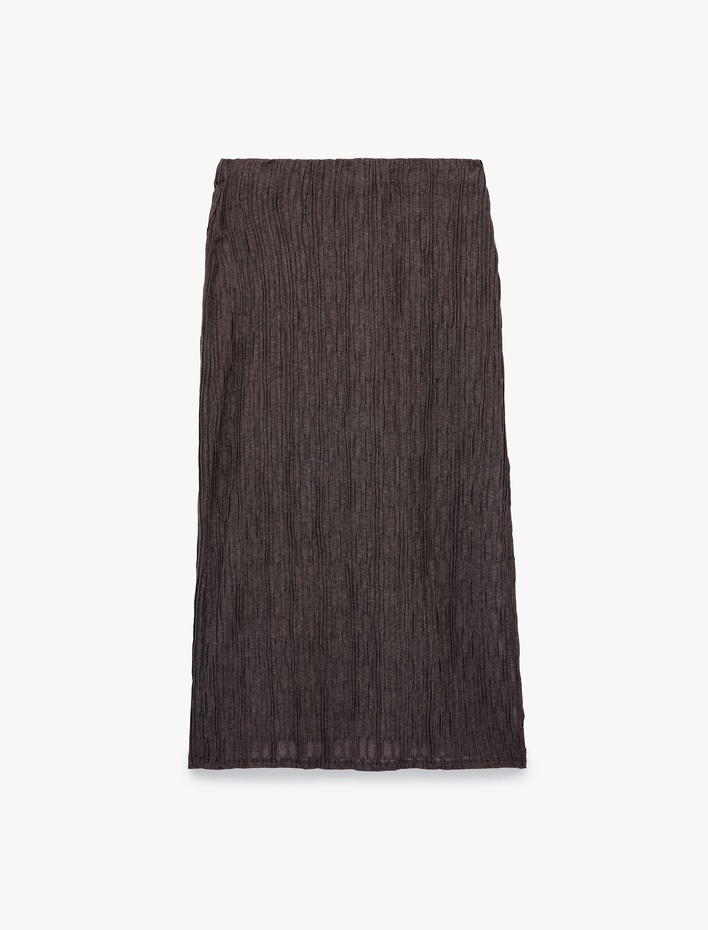  Slim Fit Yırtmaçlı Bürümcük Kumaş Dokulu Midi Kalem Etek