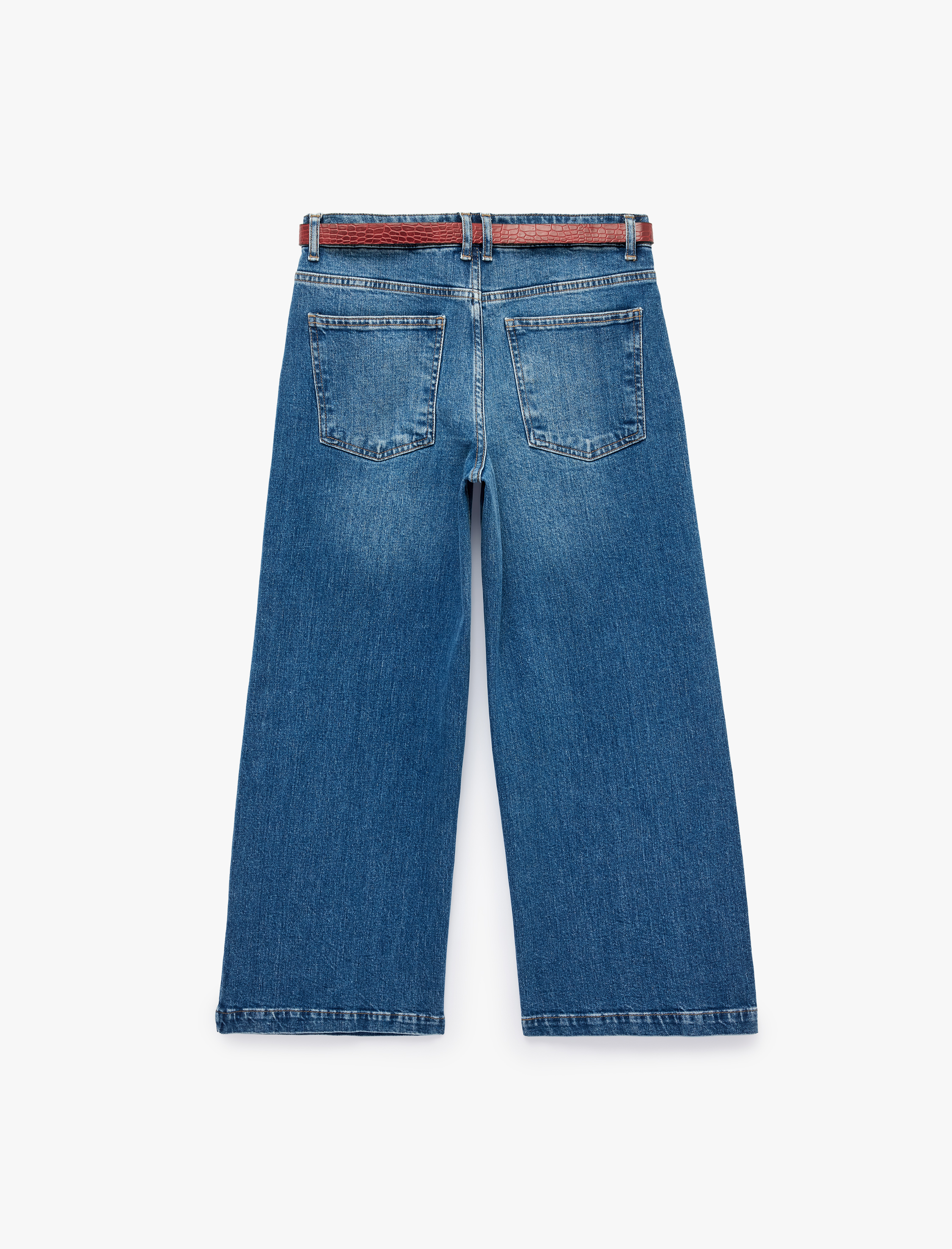 Koton Kemerli Cepli Normal Bel Pamuklu Kısa Geniş Paça Denim Pantolon - Crop Wide Leg Jeans görsel 2