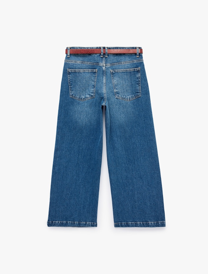  Kemerli Cepli Normal Bel Pamuklu Kısa Geniş Paça Denim Pantolon - Crop Wide Leg Jeans