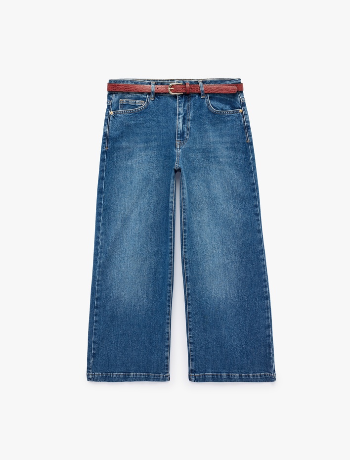  Kemerli Cepli Normal Bel Pamuklu Kısa Geniş Paça Denim Pantolon - Crop Wide Leg Jeans
