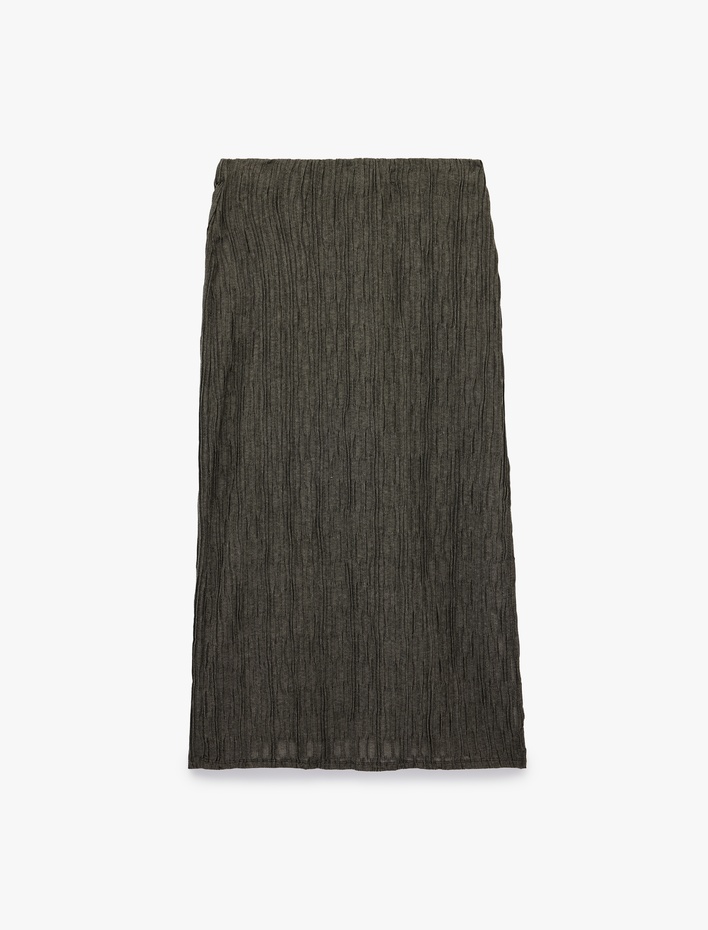  Slim Fit Yırtmaçlı Bürümcük Kumaş Dokulu Midi Kalem Etek