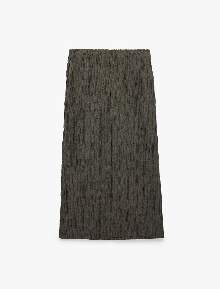  Slim Fit Yırtmaçlı Bürümcük Kumaş Dokulu Midi Kalem Etek