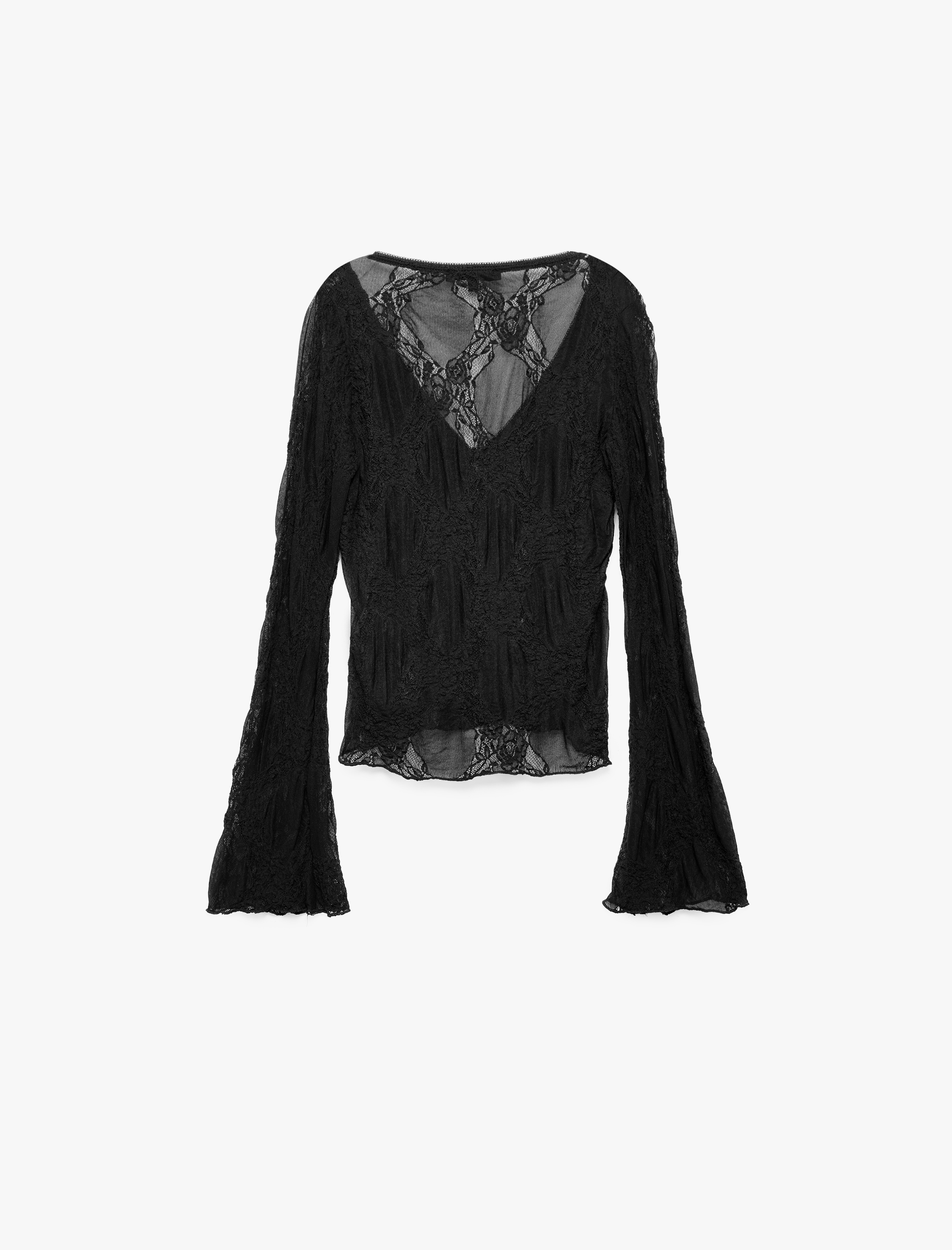 Koton Slim Fit V Yaka Uzun İspanyol Kollu Dantelli Tişört Yarı Transparan görsel 2