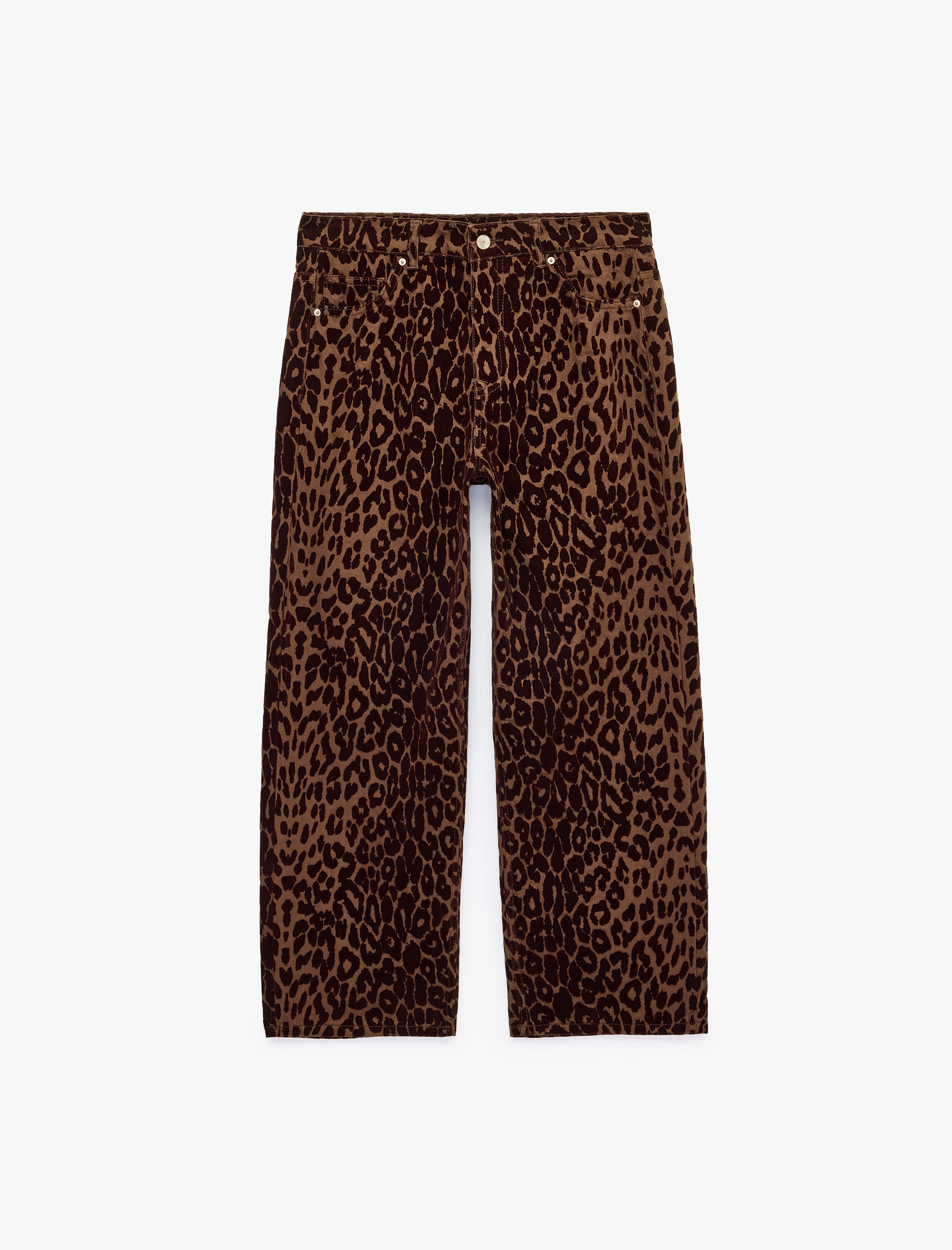   Pamuklu Cepli Düğmeli Düz Paça Normal Bel Leopar Pantolon - Straight Jeans