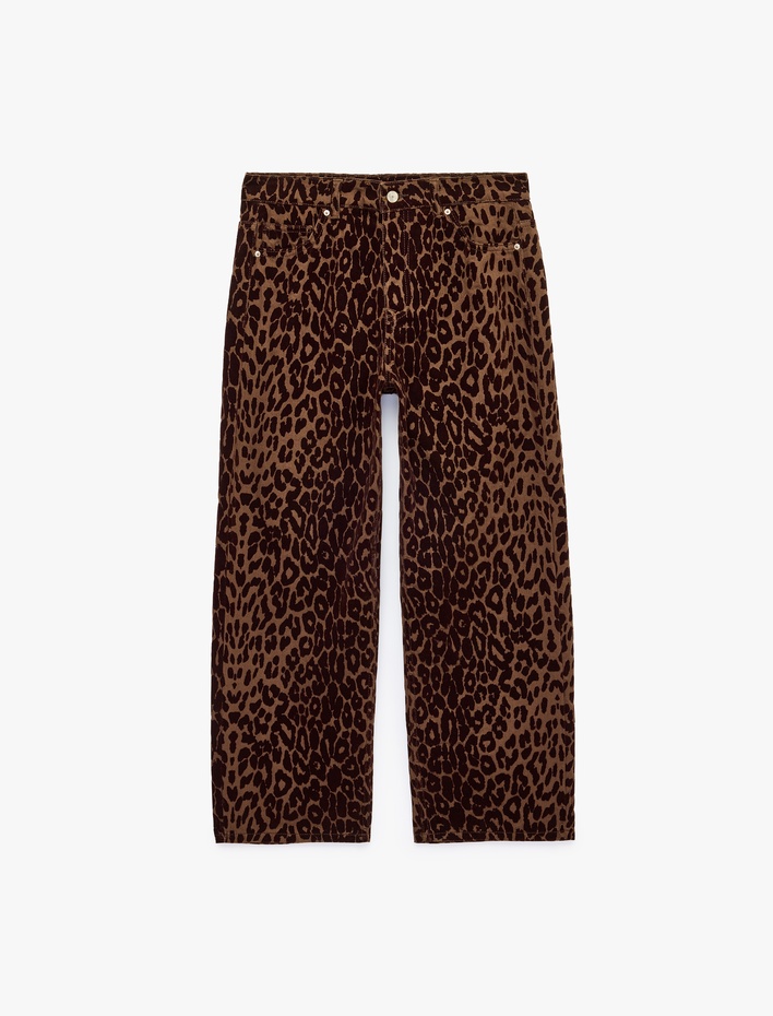  Pamuklu Cepli Düğmeli Düz Paça Normal Bel Leopar Pantolon - Straight Jeans