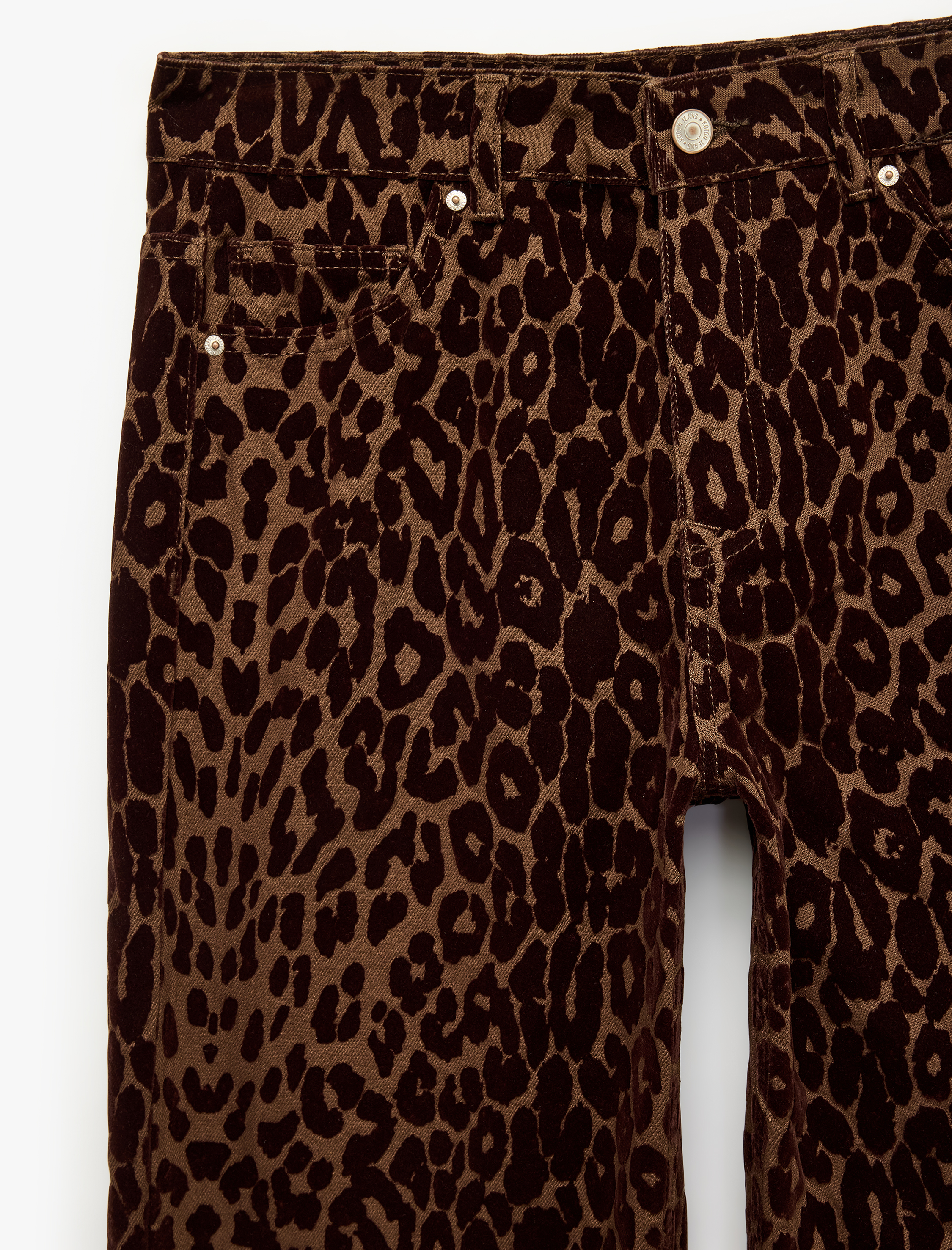   Pamuklu Cepli Düğmeli Düz Paça Normal Bel Leopar Pantolon - Straight Jeans