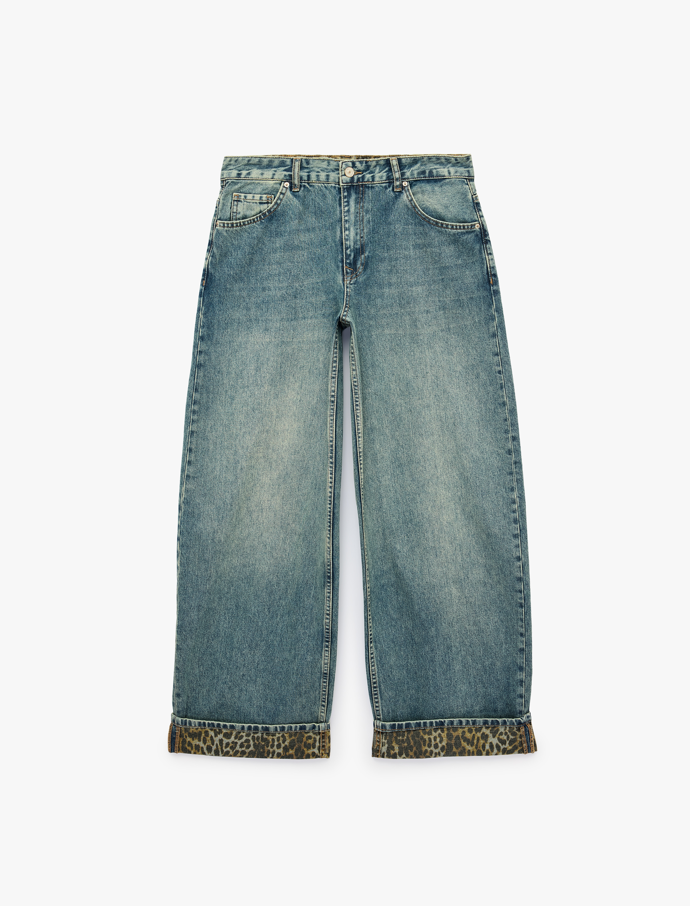 Koton Leopar Baskılı Katlı Paçalı Pamuklu Düz Paça Denim Pantolon - Straight Fit Jean