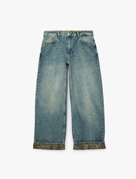 Leopar Baskılı Katlı Paçalı Pamuklu Düz Paça Denim Pantolon - Straight Fit Jean