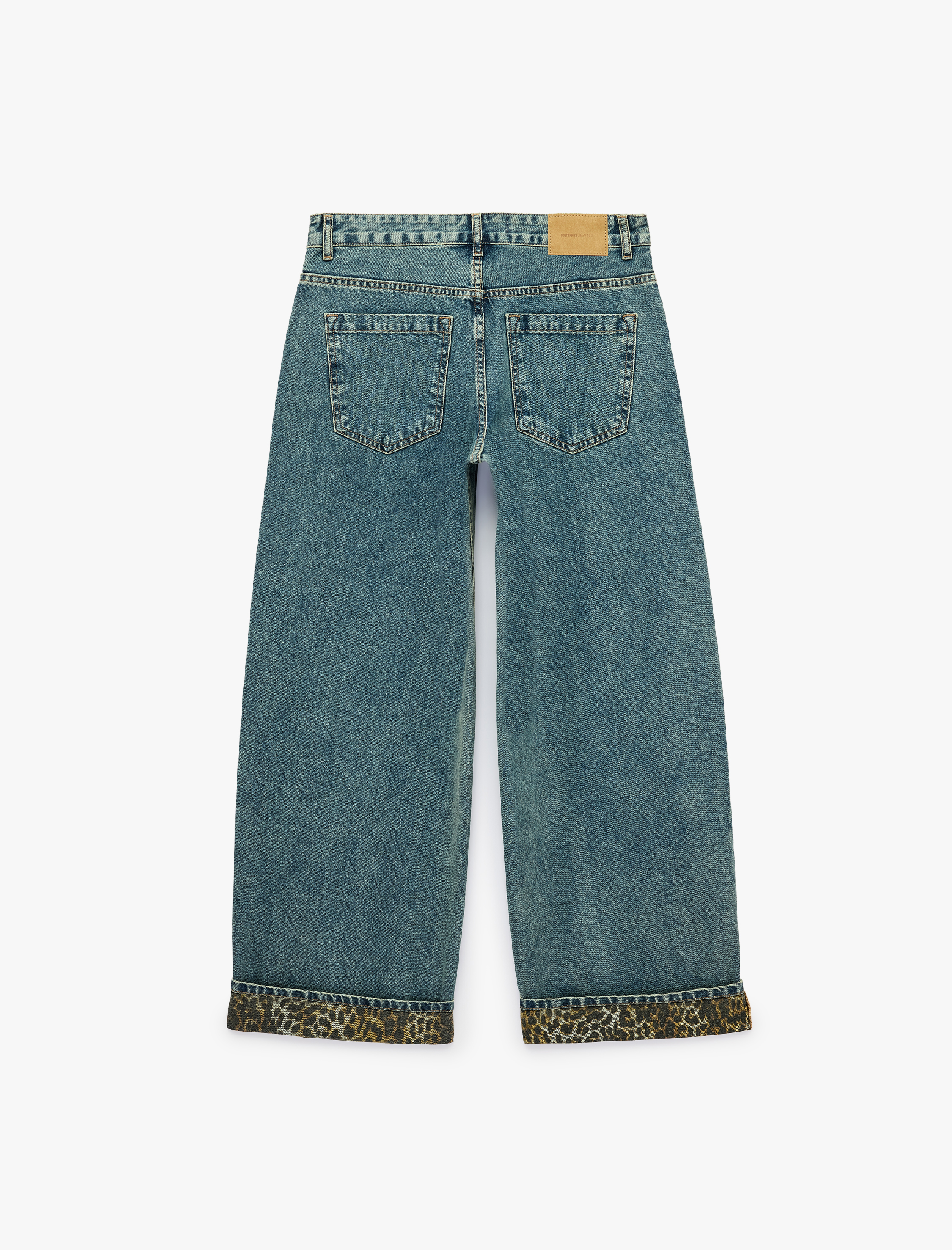 Koton Leopar Baskılı Katlı Paçalı Pamuklu Düz Paça Denim Pantolon - Straight Fit Jean görsel 2