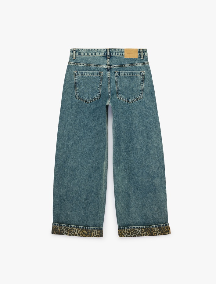  Leopar Baskılı Katlı Paçalı Pamuklu Düz Paça Denim Pantolon - Straight Fit Jean