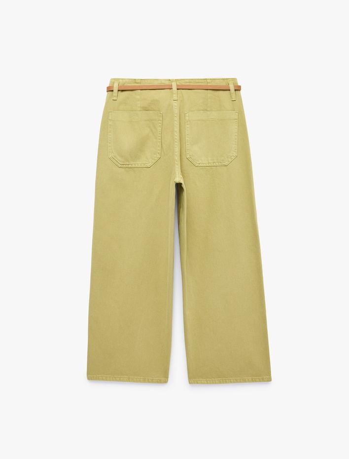  Pamuklu Geniş Paça Kemerli Crop Pantolon - Wide Leg Jeans