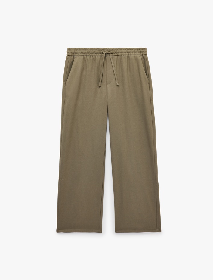  Beli Lastikli Bağcıklı Rahat Kalıp Geniş Paça Kumaş Pantolon