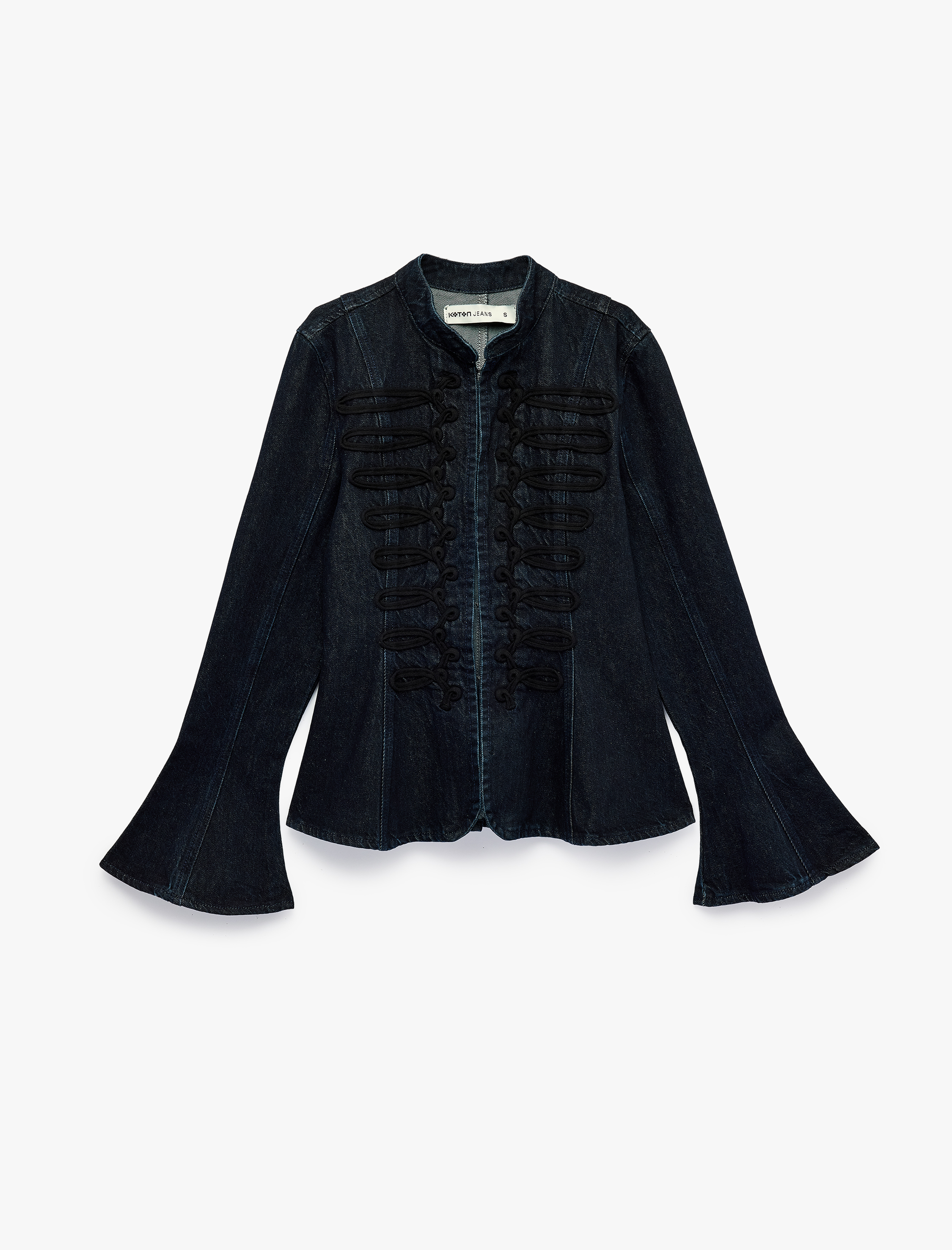 Koton Dik Yaka Uzun İspanyol Kollu Fermuarlı Peplum Denim Ceket Napolyon Kapamalı
