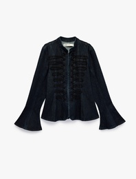 Dik Yaka Uzun İspanyol Kollu Fermuarlı Peplum Denim Ceket Napolyon Kapamalı