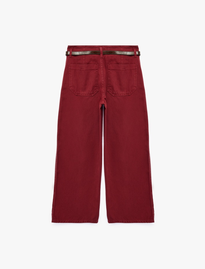  Pamuklu Geniş Paça Kemerli Crop Pantolon - Wide Leg Jeans