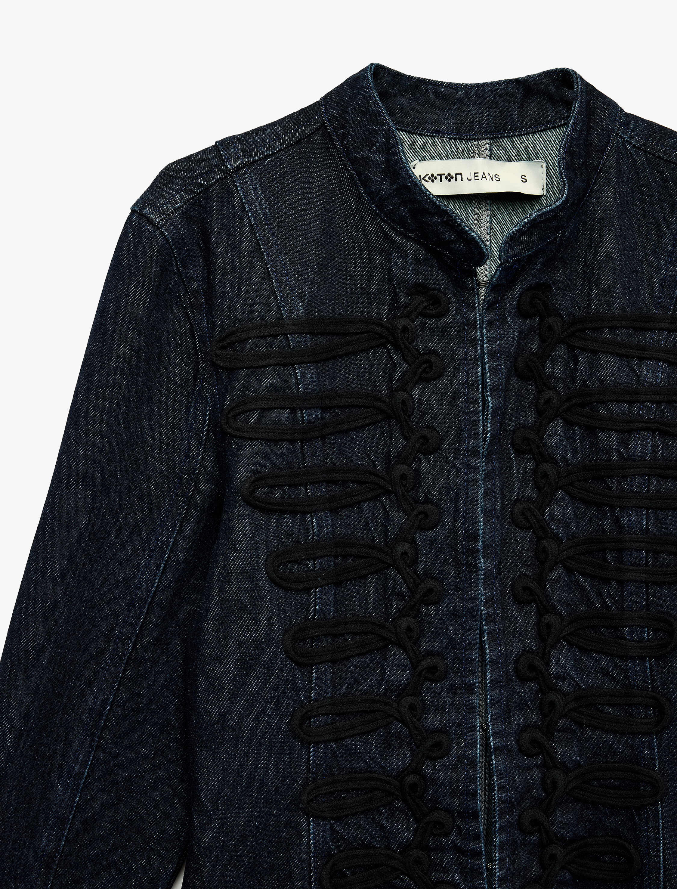 Koton Dik Yaka Uzun İspanyol Kollu Fermuarlı Peplum Denim Ceket Napolyon Kapamalı görsel 3