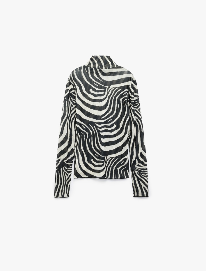  Slim Uzun Kollu Zebra Desenli Dik Yaka Bluz
