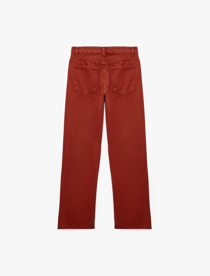  Pamuklu Normal Bel Düğmeli Cepli Uzun Kesim Düz Paça Pantolon - Straight Jeans