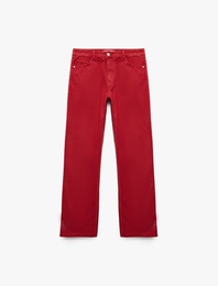 Pamuklu Normal Bel Düğmeli Cepli Uzun Kesim Düz Paça Pantolon - Straight Jeans