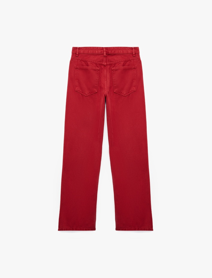  Pamuklu Normal Bel Düğmeli Cepli Uzun Kesim Düz Paça Pantolon - Straight Jeans