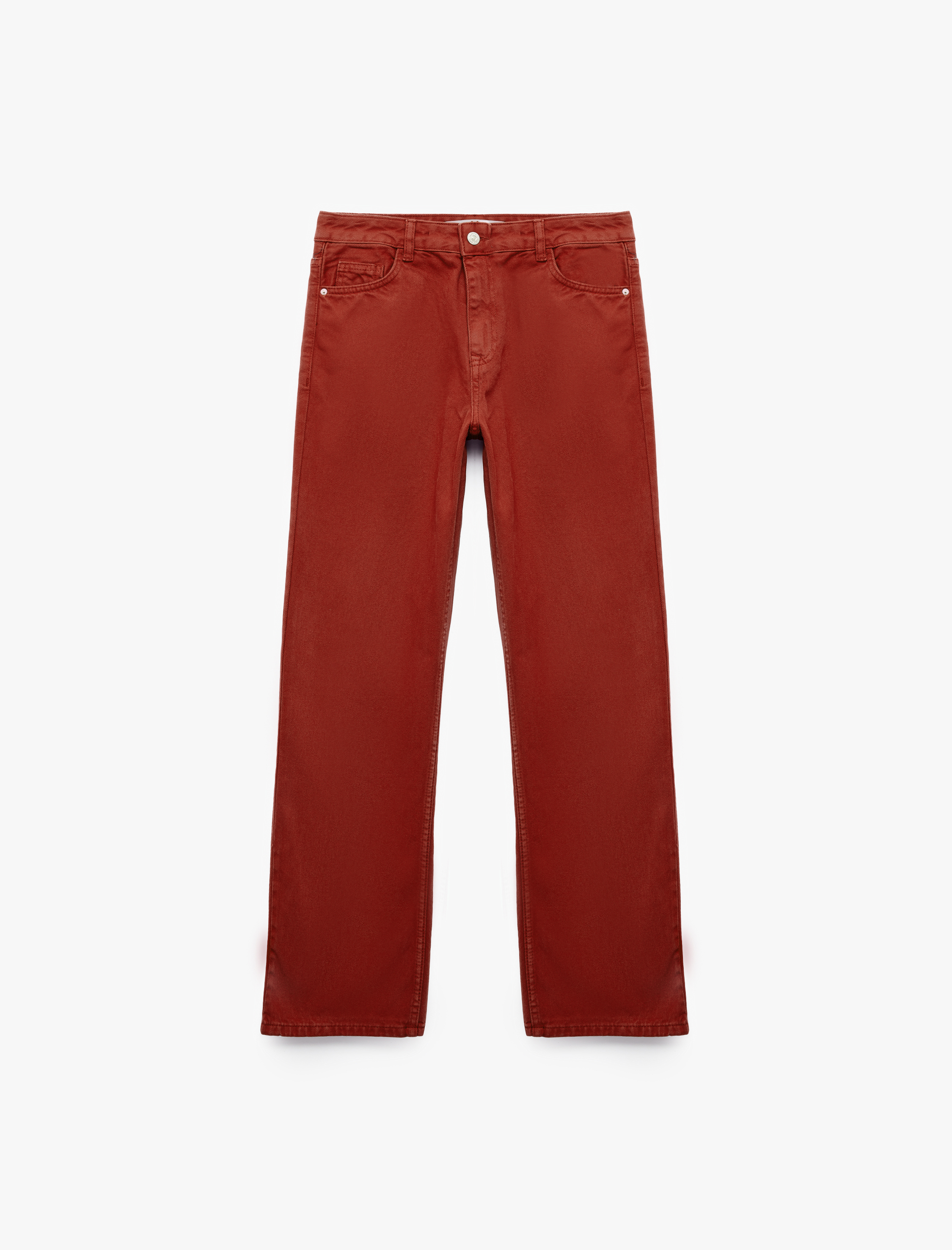   Pamuklu Normal Bel Düğmeli Cepli Uzun Kesim Düz Paça Pantolon - Straight Jeans