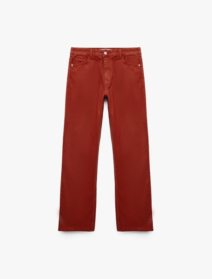  Pamuklu Normal Bel Düğmeli Cepli Uzun Kesim Düz Paça Pantolon - Straight Jeans