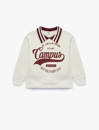 Şardonlu Baskılı Uzun Kollu Oversize Polo Yaka Sweatshirt