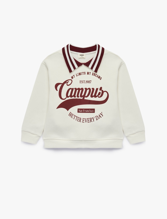 Kız Çocuk Şardonlu Baskılı Uzun Kollu Oversize Polo Yaka Sweatshirt