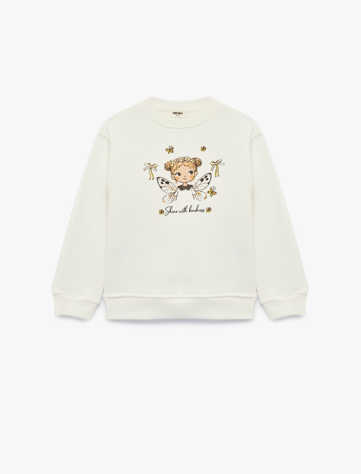 Kız Çocuk Peri Baskılı Bisiklet Yaka Uzun Kollu Şardonlu Sweatshirt