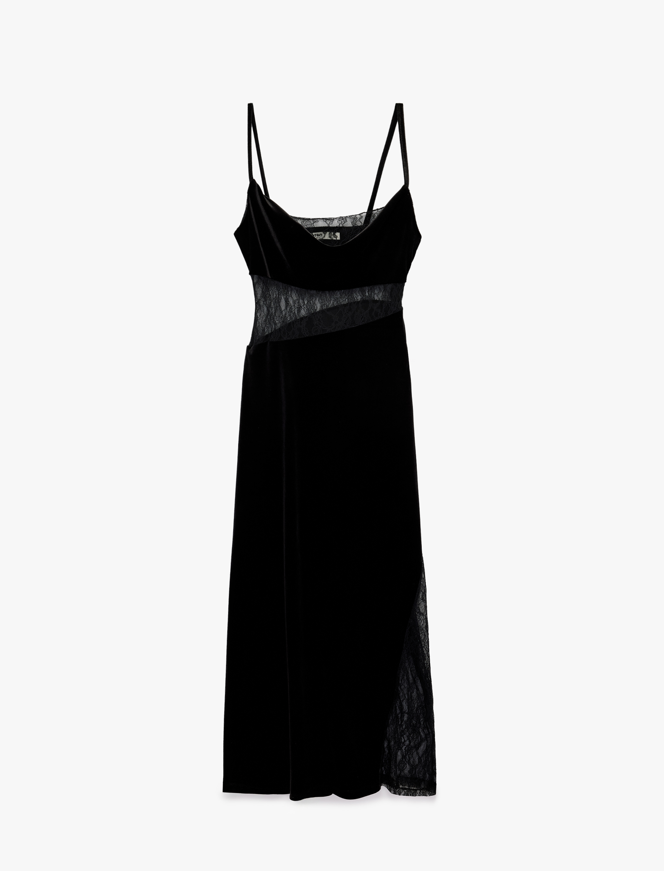   Slim Fit Dantel Detaylı Degaje Yaka Askılı Kadife Uzun Abiye Elbise
