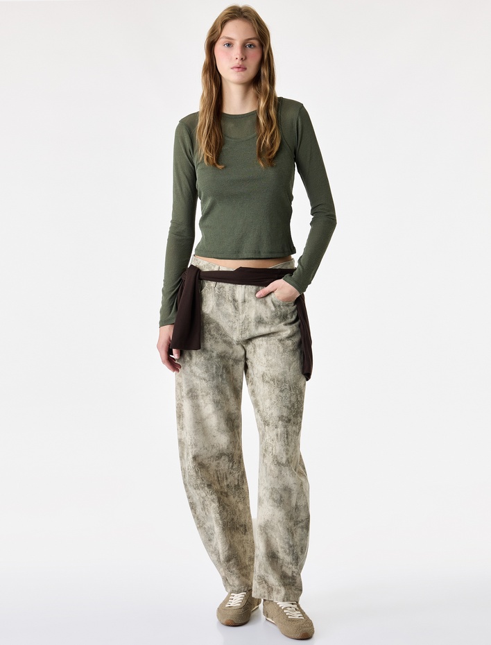  Slim Fit Bisiklet Yaka Katmanlı Uzun Kollu Tişört