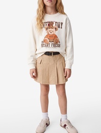 Uzun Kollu Bisiklet Yaka Pamuklu Üç İplik Şardonlu Ayıcık Baskılı Sweatshirt