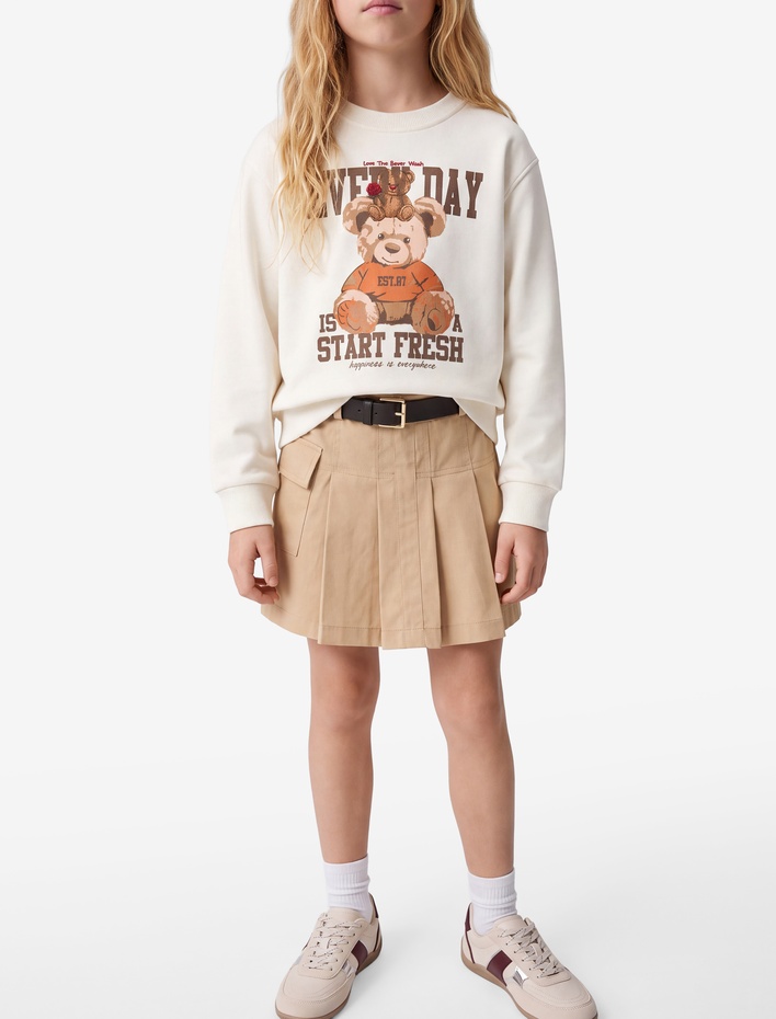 Kız Çocuk Uzun Kollu Bisiklet Yaka Pamuklu Üç İplik Şardonlu Ayıcık Baskılı Sweatshirt