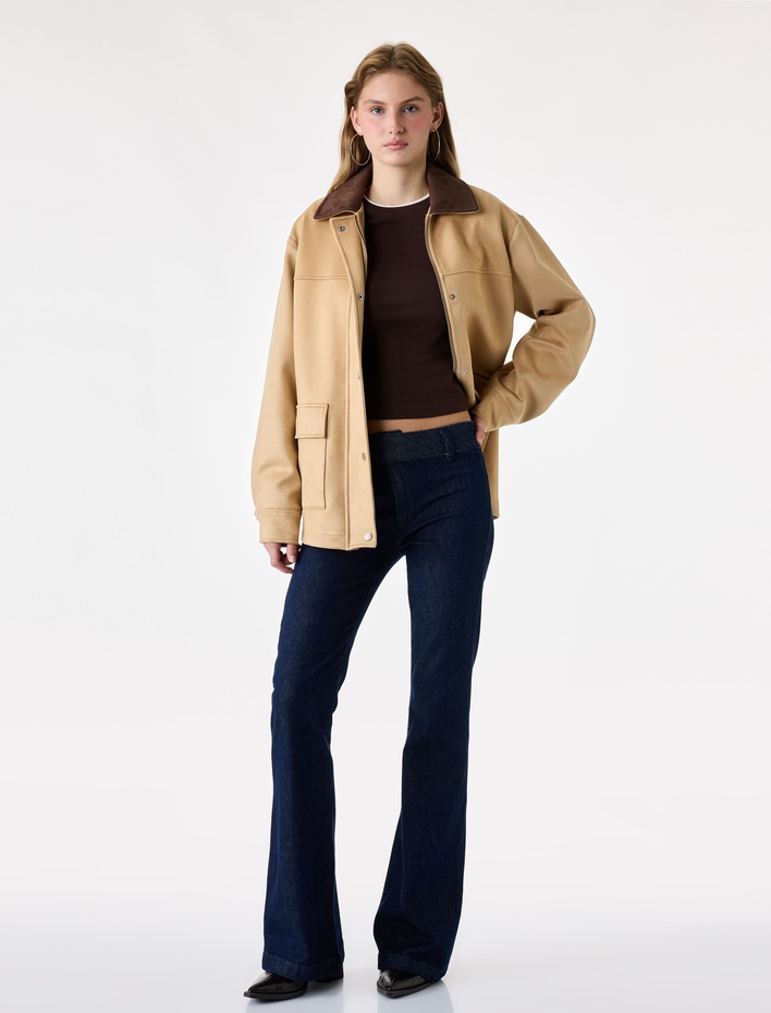  Kemerli Normal Bel Dar Kesim Pamuklu İspanyol Paça Denim Pantolon - Flare Jeans