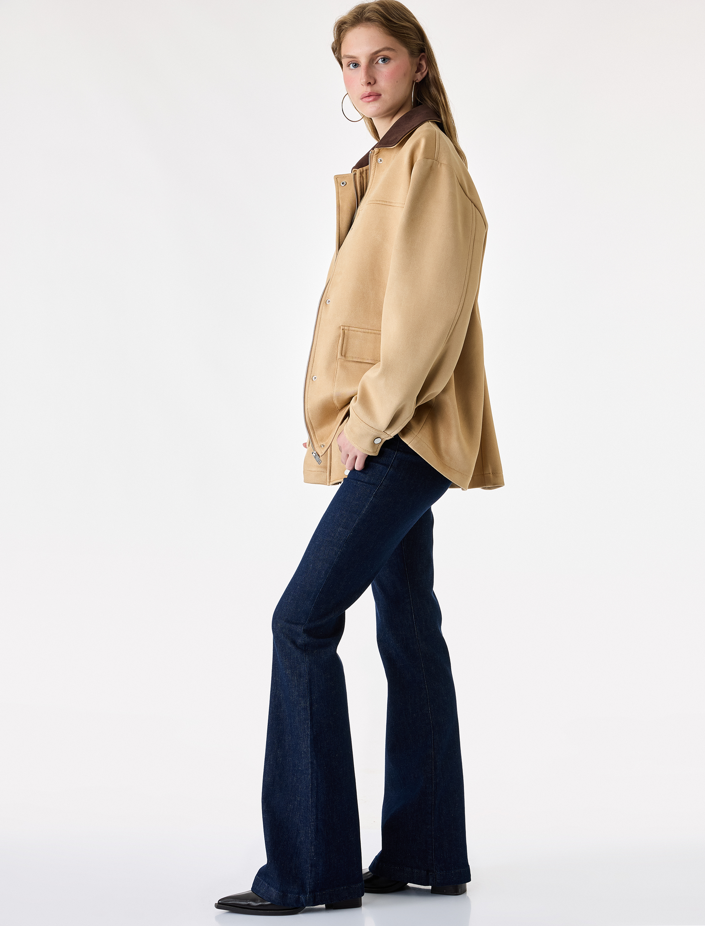   Kemerli Normal Bel Dar Kesim Pamuklu İspanyol Paça Denim Pantolon - Flare Jeans