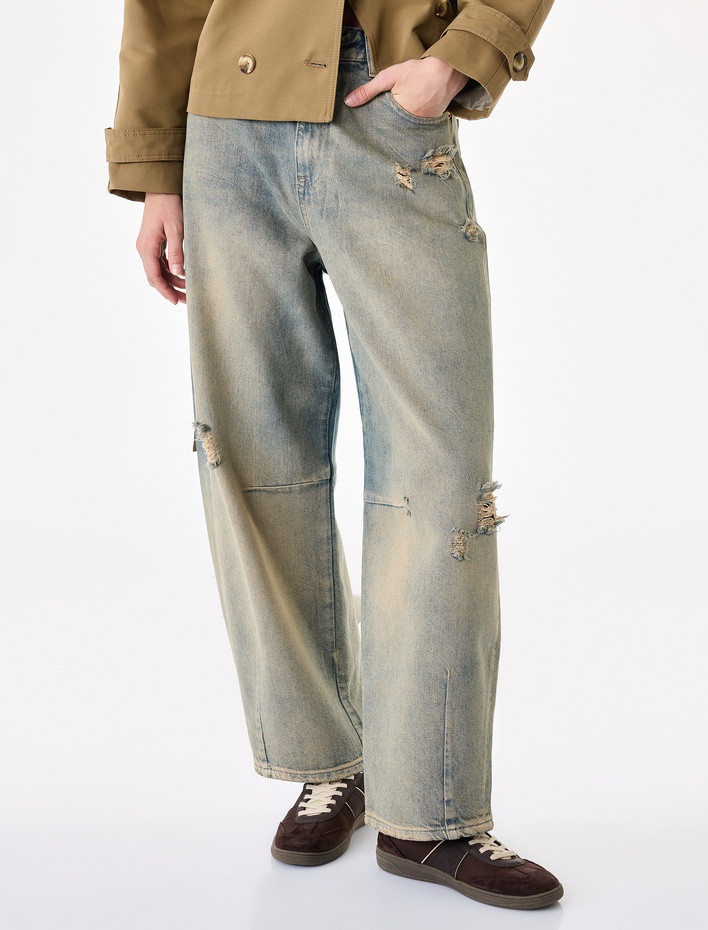  Normal Bel Rahat Kalıp Yırtık Detaylı Pamuklu Eskitmeli Barrel Denim Pantolon - Barrel Jeans