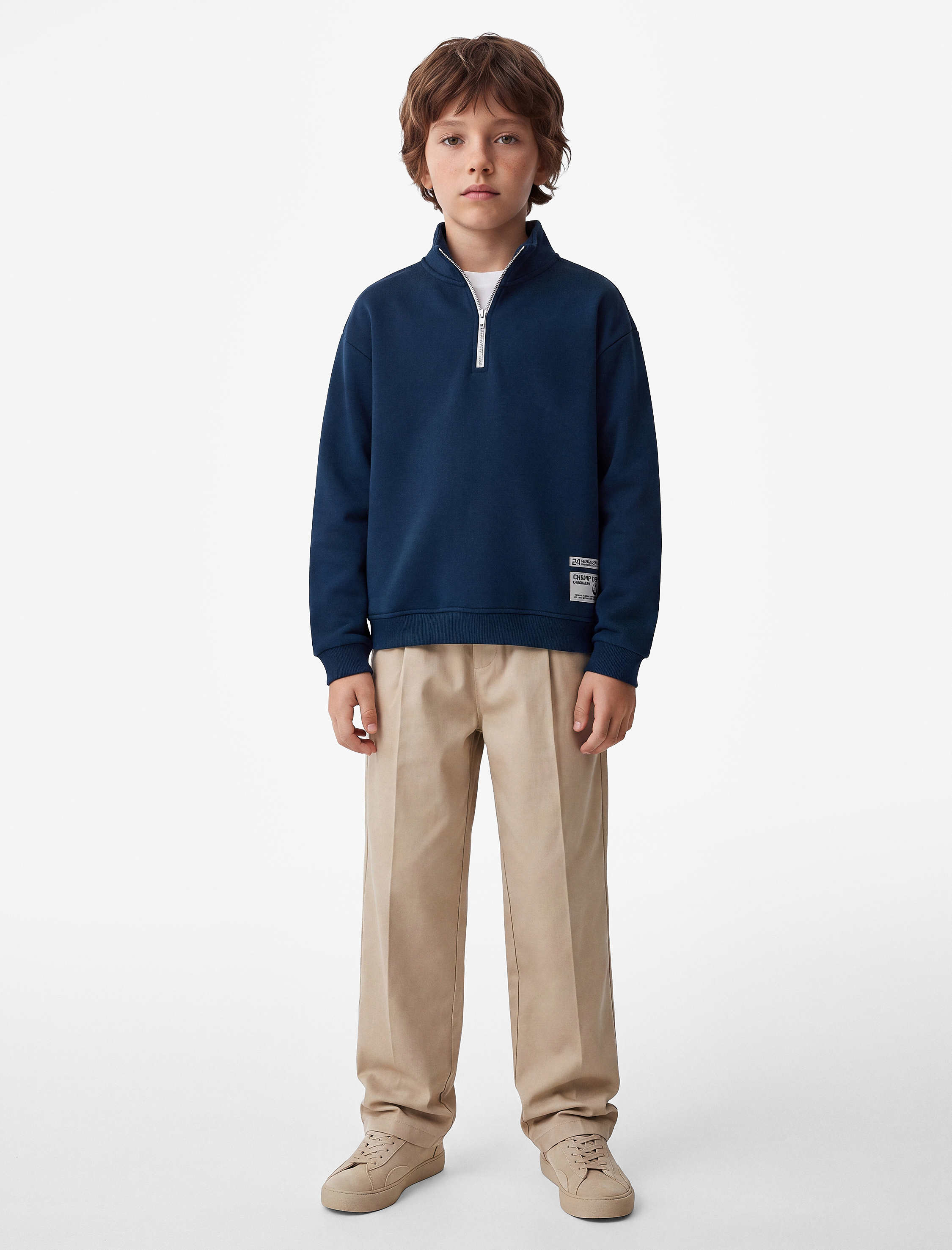  Erkek Çocuk Baskılı Uzun Kollu Pamuklu Şardonlu Yarım Fermuarlı Dik Yaka Sweatshirt