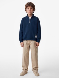 Baskılı Uzun Kollu Pamuklu Şardonlu Yarım Fermuarlı Dik Yaka Sweatshirt