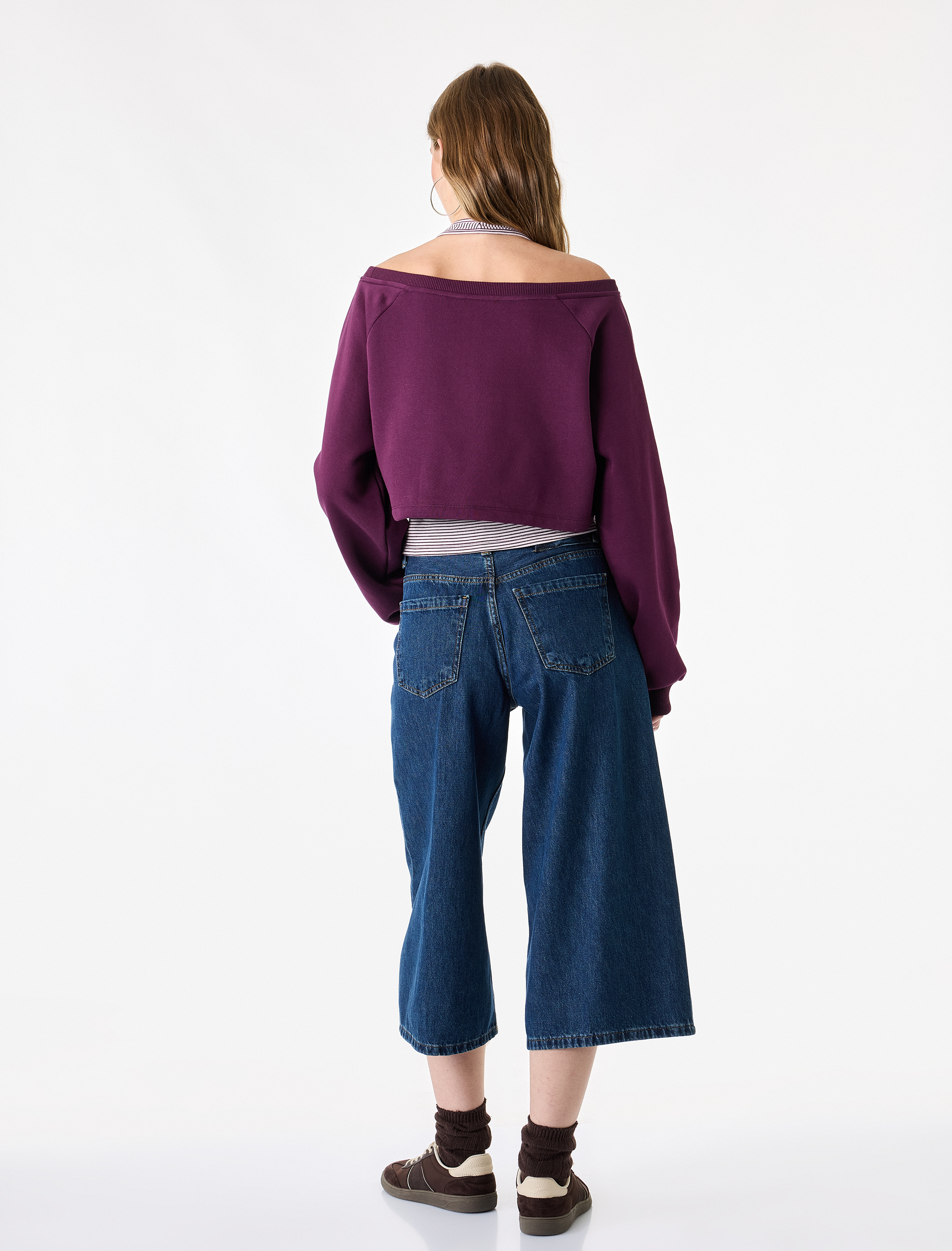   Mürdüm Rengi Halter Yaka Katmanlı Çizgili Sweatshirt Uzun Reglan Kollu Baskılı Rahat Kalıp