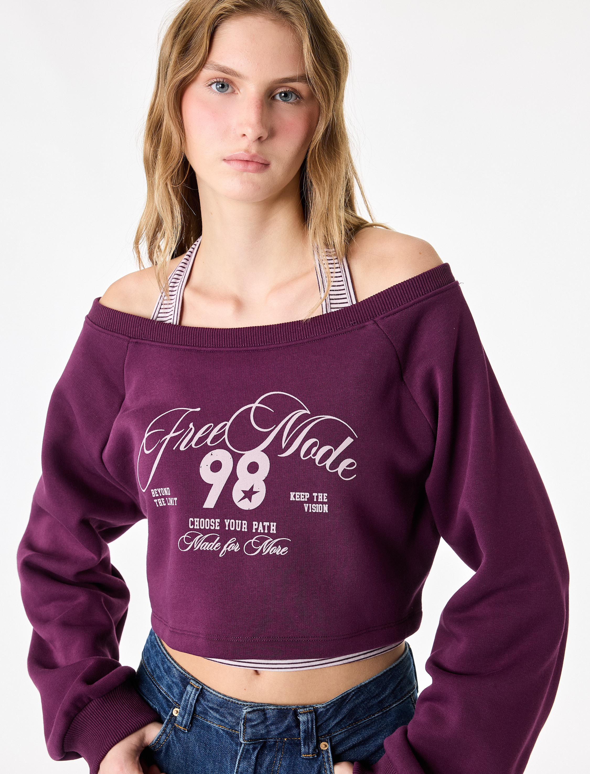   Mürdüm Rengi Halter Yaka Katmanlı Çizgili Sweatshirt Uzun Reglan Kollu Baskılı Rahat Kalıp