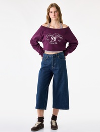Mürdüm Rengi Halter Yaka Katmanlı Çizgili Sweatshirt Uzun Reglan Kollu Baskılı Rahat Kalıp