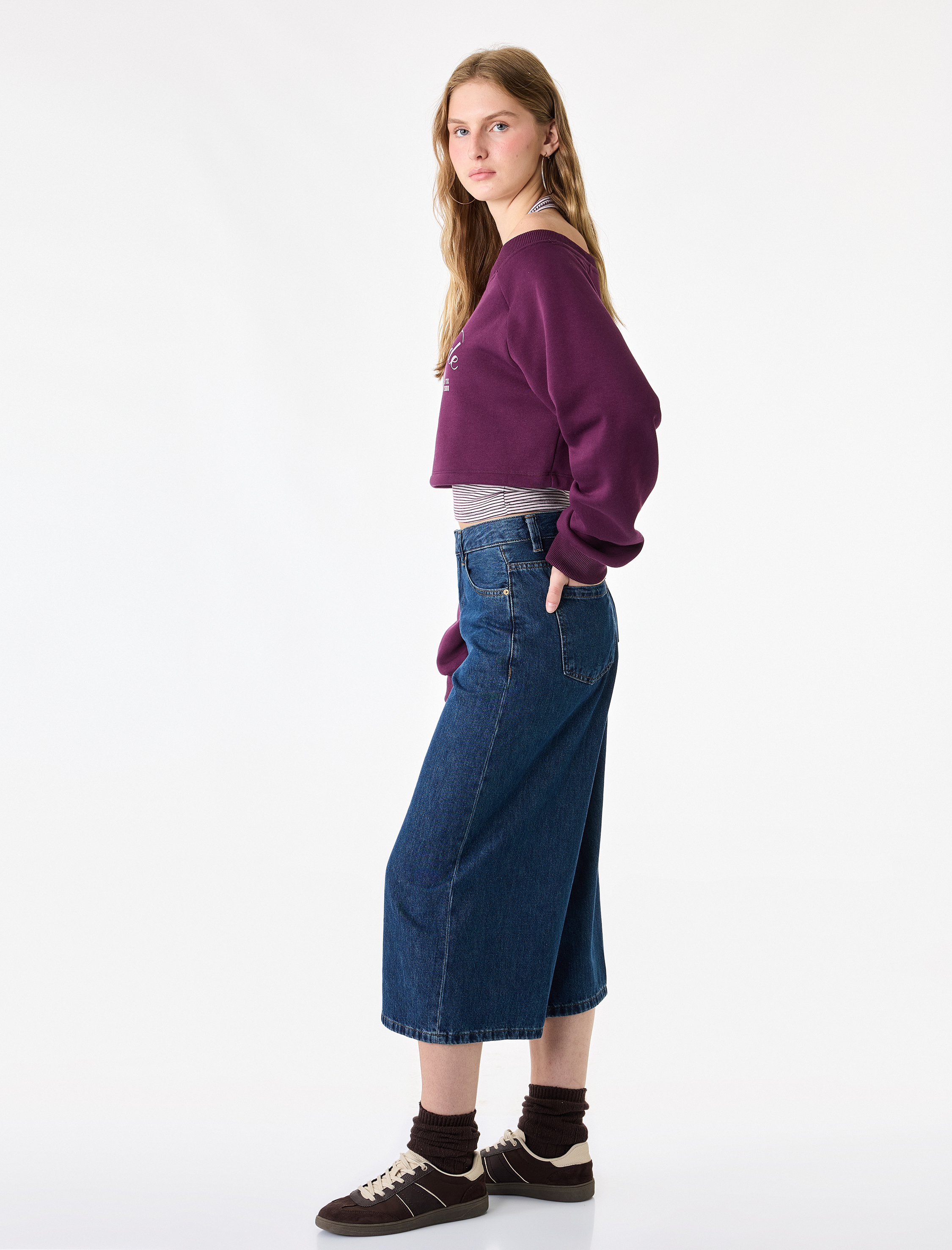  Mürdüm Rengi Halter Yaka Katmanlı Çizgili Sweatshirt Uzun Reglan Kollu Baskılı Rahat Kalıp