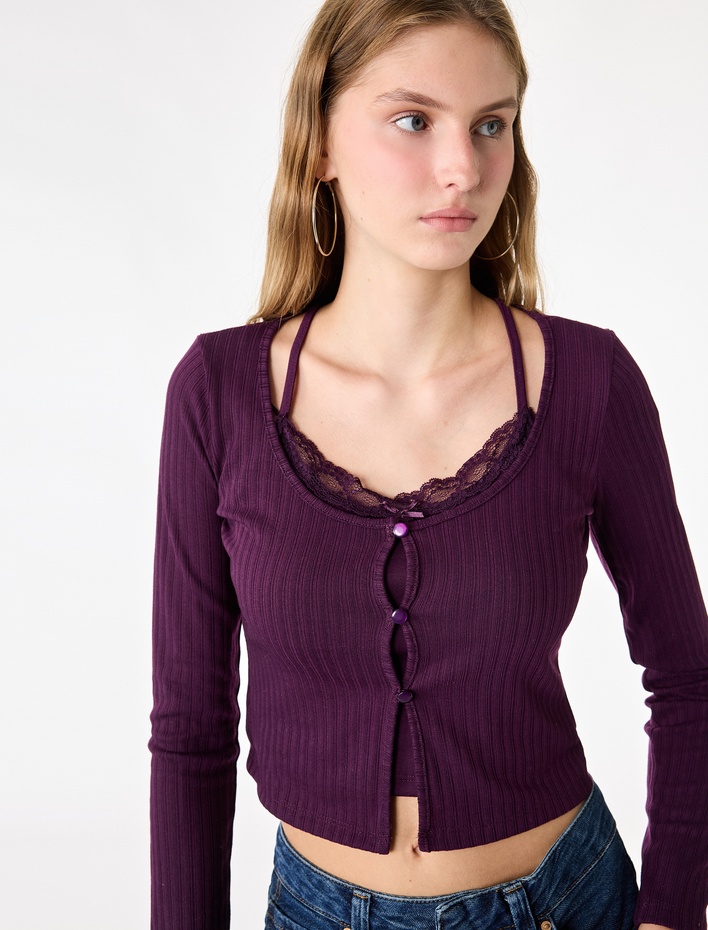  İkili Katmanlı Dantel Detaylı Slim Fit Kaşkorse Bisiklet Yaka Uzun Kollu Tişört