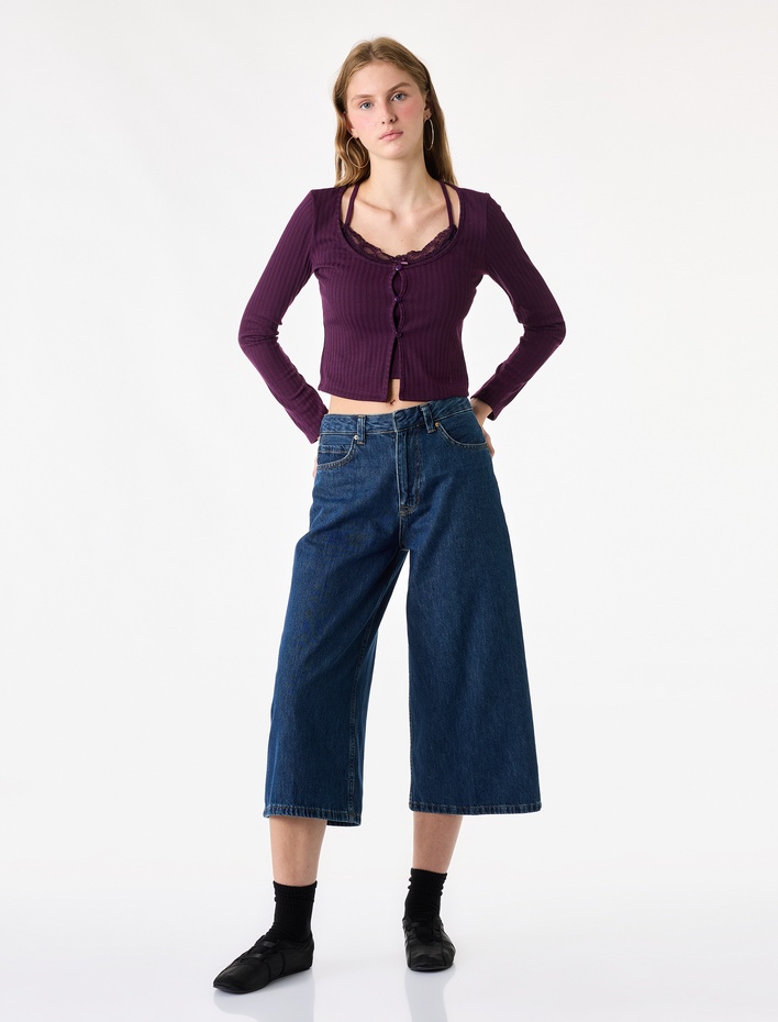 İkili Katmanlı Dantel Detaylı Slim Fit Kaşkorse Bisiklet Yaka Uzun Kollu Tişört