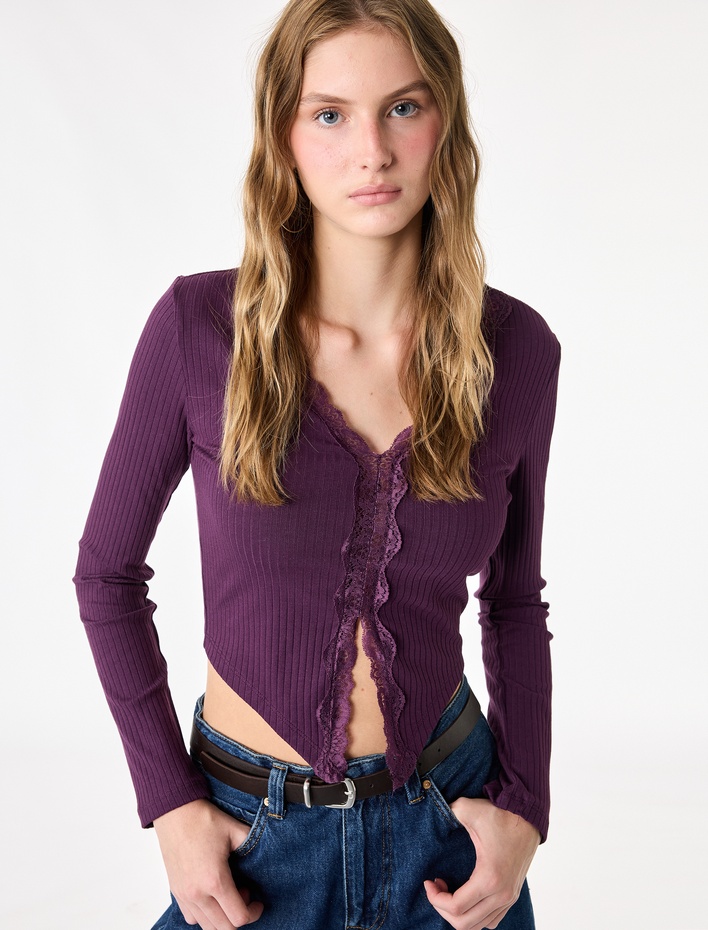  Slim Fit Kaşkorse Dantel Detaylı V Yaka Uzun Kollu Tişört